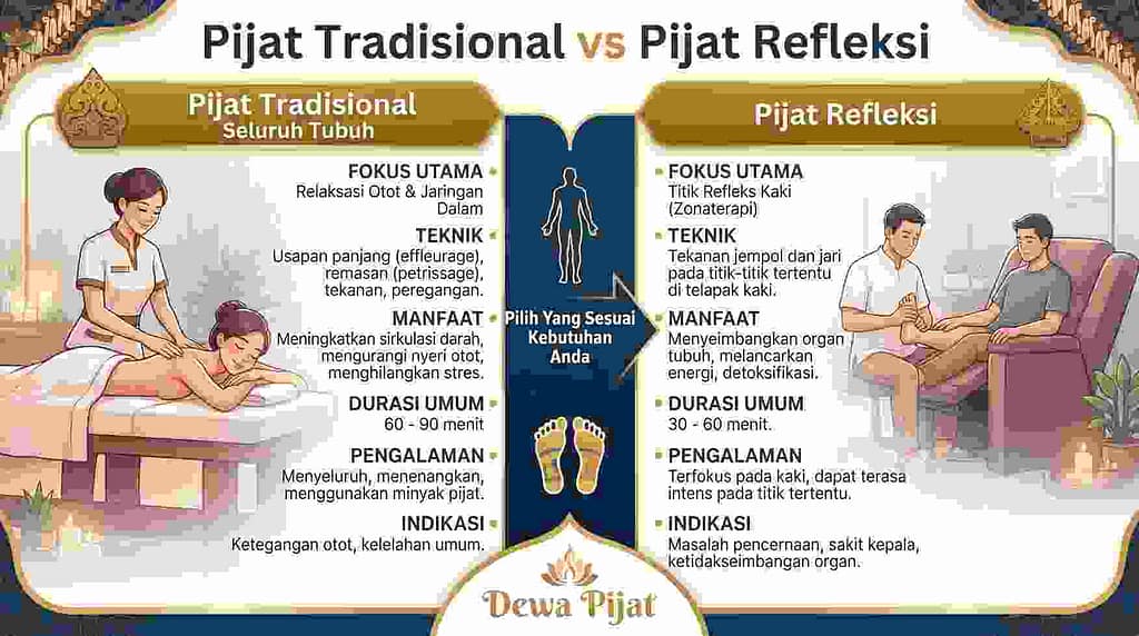 Infografis perbedaan pijat tradisional dan pijat refleksi berdasarkan fokus teknik dan area pijatan